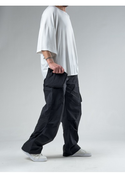 Cocopelli Tasarım Kargo Cepli Paraşüt Kumaş Siyah Baggy Pantolon Coc3079