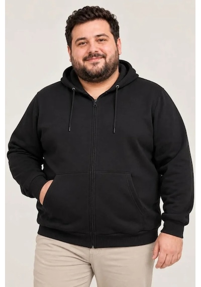 Erkek Battal Büyük Beden Üç İplik İçi Şardonlu Kapüşonlu Tam Fermuarlı Kışlık Sweatshirt - Siyah