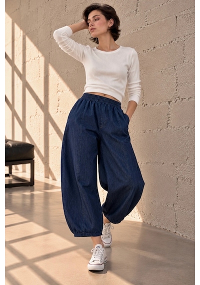 Bb Butik Basic Dökümlü Denim Balon Kesim Beli Lastikli Kadın Pantolon My3535 Mavi