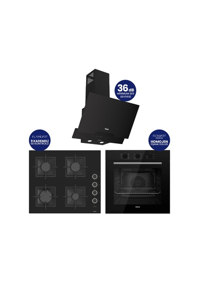 Flowart Turbolu Silenart QBL62CS - SC205 - D063SA Siyah Kaymaz Döküm Izgaralı Cam Ankastre Set