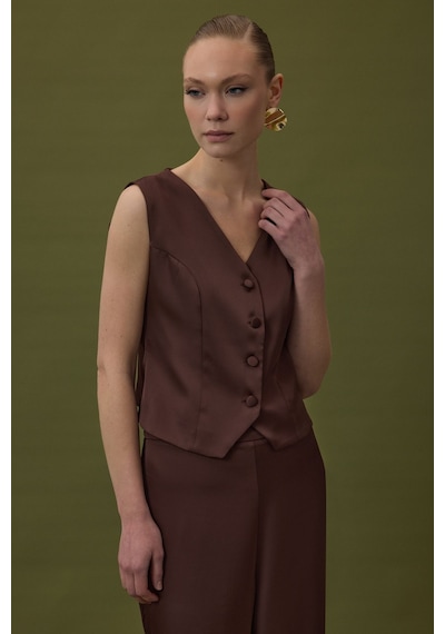Sateen Klasik Düz Yelek - Kahve-137028 Kahve