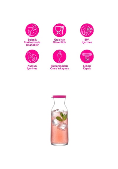 Lav Fonte Cam Karaf Tekli 1,2 L Pembe Silikon Kapaklı (Sürahi )
