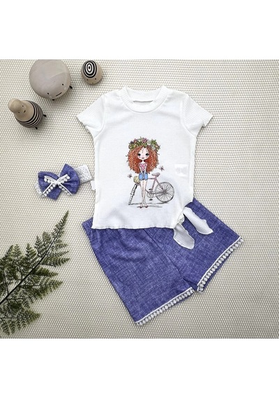 Veraura Lifestyle 1-2-3 Yaş Bisikletli Kız Baskılı Bandanalı Kot Desenli Şort Kısa Kollu Tişört 3lü Kız Bebek Takımı Mavi