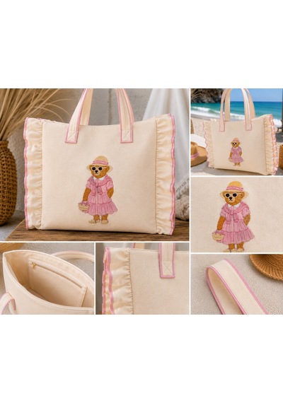 Shules Collection Teddy Serisi Naturel Kanvas Büyük Plaj Çantası Pembe