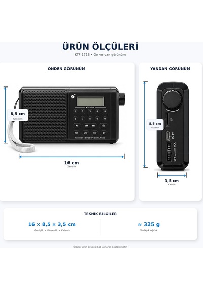 Ktf-1715 Dijital Ekranlı Saatli Manuel Kanal Arama & Kayıt Özellikli Fm Radyo Bluetooth Hoparlör