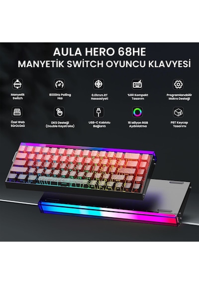 Aula Hero 68 He Manyetik Klavye Rapid Trigger Dragon King Switch 8000hz Rgb Neon Tkl Hot Swap Oyuncu Klavyesi Kırmızı
