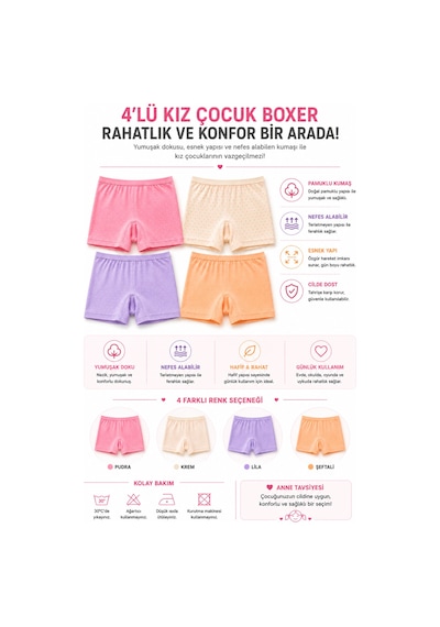 Westicgiyim Kız Çocuk Pamuklu Boxer 4 Lü Paket Esnek Rahat Şort Külot 3-4 Yaş 13-14 Yaş Çok Renkli