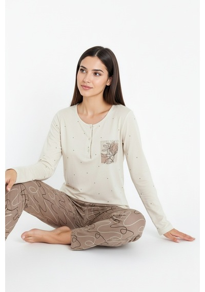 Üstü Puantiyeli Altı Çizgi Desenli Elite Viscose Uzun Pijama Takımı Krem 3569 Kahverengi