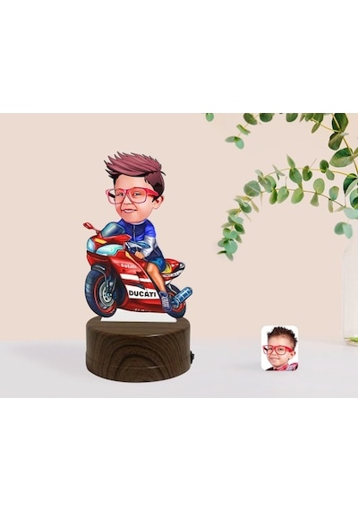 Kişiye Özel Motorcu Çocuk Karikatürlü Dekoratif 3D Biblo Led Işık