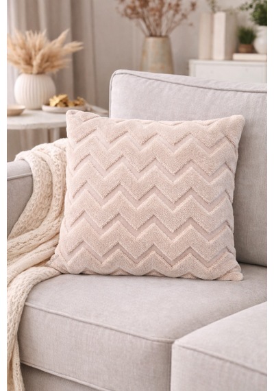 Peluş Dekoratif Kırlent Kılıfı İskandinav Zigzag-balıksırtı 4 Lü Set 42x42 Cm Vizon
