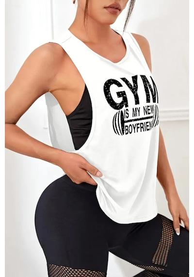 Ghassy Co. Kadın Gym Baskılı Nefes Alabilen Fitness Yoga Koşu Kolsuz Spor Atlet beyaz