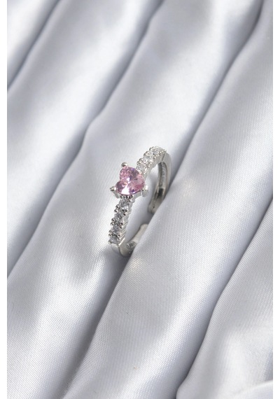 Gümüş Renk Zirkon Taşlı Pembe Kristal Kalp Model Kadın Yüzük Altın - Çok Renkli