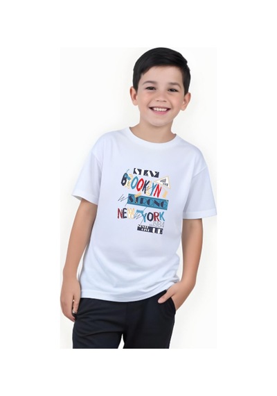 Panios Kids Brooklyn Strong Baskılı Erkek Çocuk Kısa Kollu T-shirt Beyaz