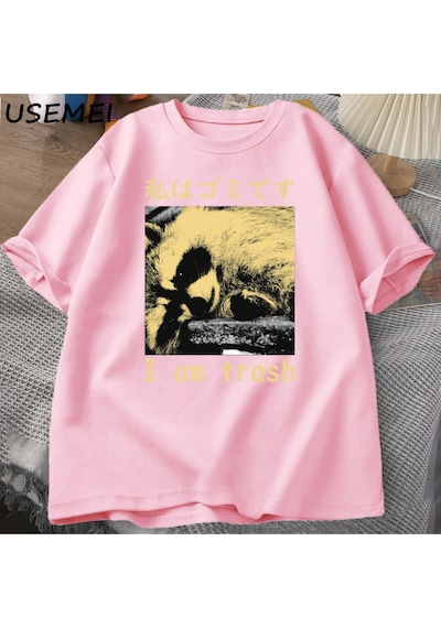 Flood Of Style Ben Çöp Japon Rakun Baskı T-shirt Harajuku Vintage Yüksek Kalite Pamuk Kısa Kollu Tişört Erke Pembe