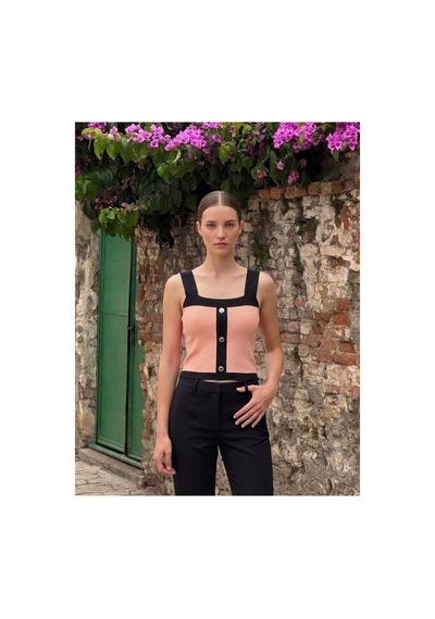 Onno Style Women Kolsuz Askılı Düğme Detaylı Kadın Triko Bluz Somon