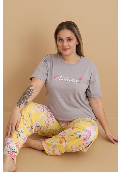 Wordex Mirano 4500 Kısa Kollu Çiçekli Süprem Kumaş Büyük Beden Kadın Pijama Takımı Gri
