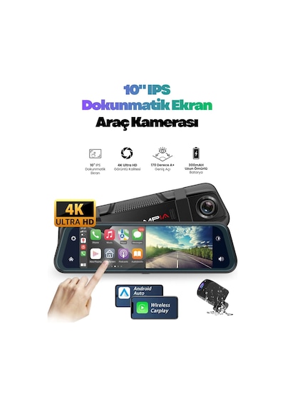 10" Dokunmatik 4k Android Auto Car Play / Wi-fi / Bt Tf Kartlı Çift Lens Araç Kamerası