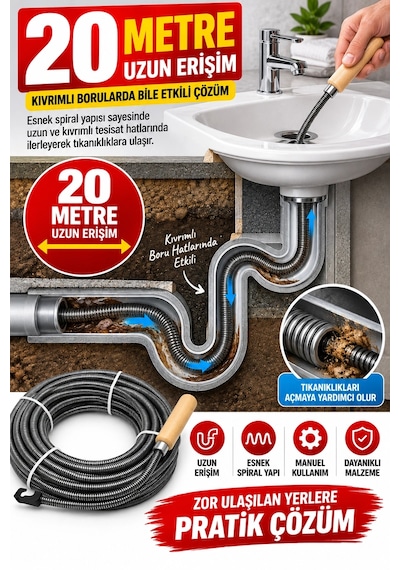 13 Mm 20 Metre Spiral Kanal Açıcı Ahşap Saplı Manuel Gider Açma Teli, Esnek Tesisat Temizleme Su
