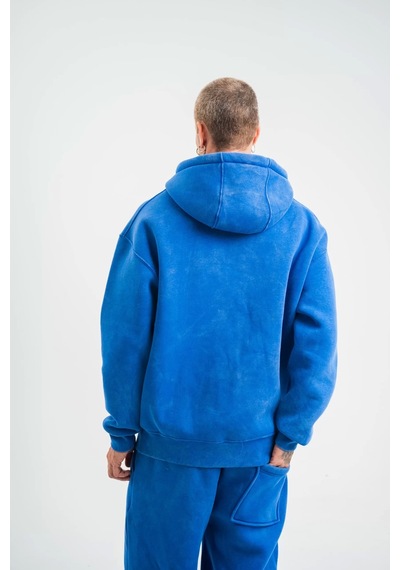 Unisex Double Oversize Kapşonlu Yıkamalı Sweatshirt - Mavi Mavi