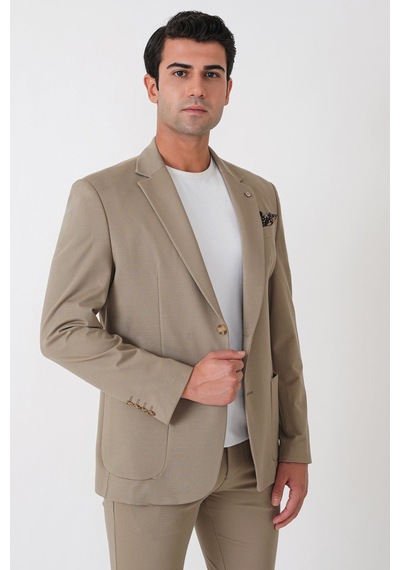 Comfort Fit Esnek Rayon Pamuk Karışım Torba Cepli Bej Blazer Ceket C 744