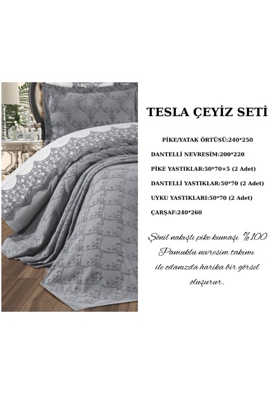 Goldroom Tesla Şünil Nakışlı Çeyiz Seti 9 Parça Gri