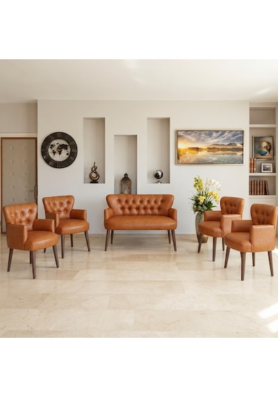 Roma 2+1+1+1+1 Deri Chester Ofis Koltuk Takımı Ahşap Ayaklı 5 Parça - Taba