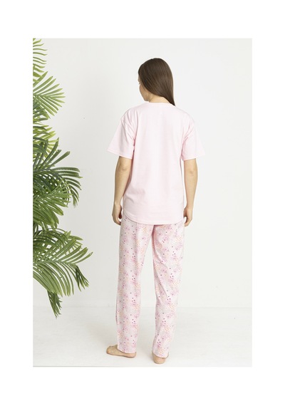 Estiva Kadın Flora Alt Desenli Pembe Penye Lycra Kısa Kollu Pijama Takımı Çok renkli