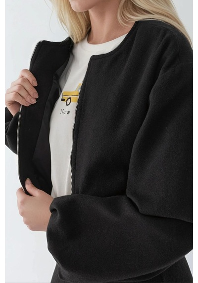 Hiccup Fermuarlı Oversize Kaşe Bomber Ceket Siyah