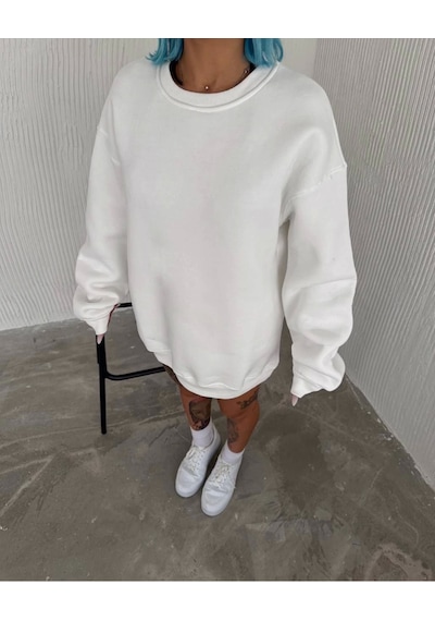 Kışlık Bisiklet Yaka Üç İplik Basic Sweatshirt - Beyaz