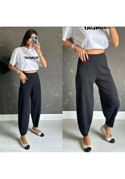 Efnaz Style Kadın Krep Kumaş Balon Pantolon siyah