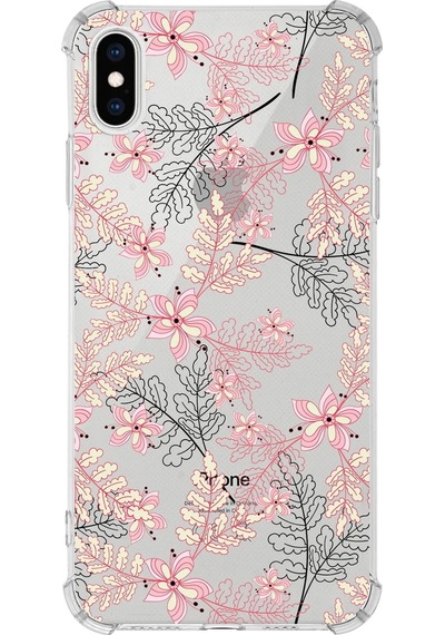 Apple Uyumlu iPhone X  Köşe Korumalı Antişok Kapak Floral Kırmızı Tasarımlı Şeffaf Kılıf