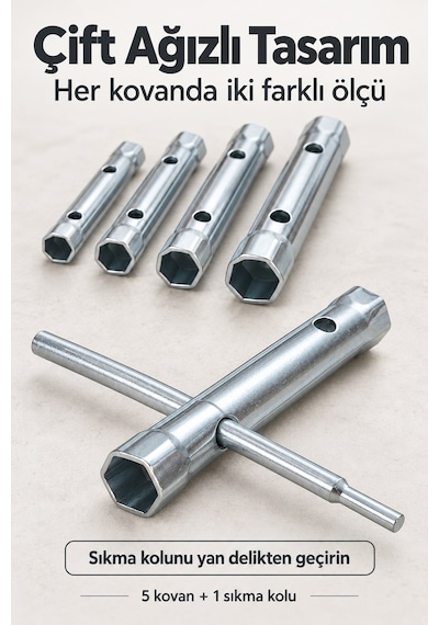 6 Parça Çift Ağızlı Kovan Anahtar Takımı 8-17 Mm Sıkma Kollu Lokma Takımı