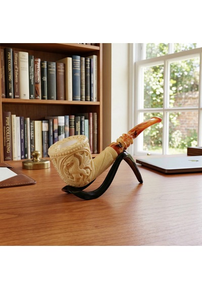 El Oyması Lületaşı Ejderha Figürlü Koleksiyonluk Pipo Usta İmzalı Blok Taş Meerschaum