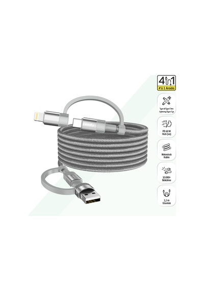 Hızlı Şarj Kablosu 4 İn 1 Usb-a/c To Type-c/lightning, 60w, 1.2m, Manyetik Gri-v0201008