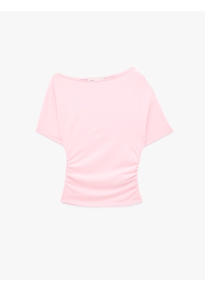 Koton Slim Fit Drape Detaylı Omzu Açık Kayık Yaka Tişört Pembe 6sak50414ek Gül