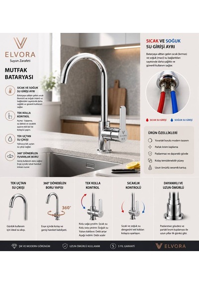 Elvora Silver Lüks Mutfak Evye Bataryası Gümüş Krom