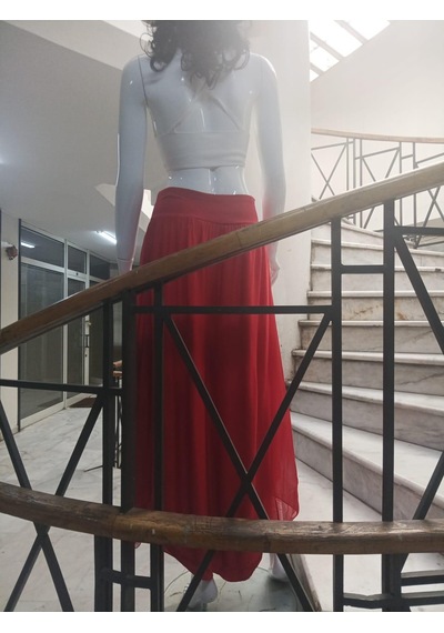 Bohem Stil Kadın Asimetrik Kapaklı Ipek Şalvar Pantolon-8775 Kırmızı
