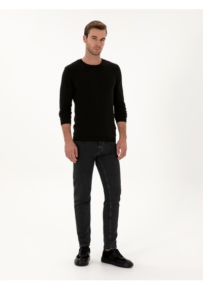 Cacharel Siyah Slim Fit Pamuk Karışımlı Bisiklet Yaka Basic Triko Kazak