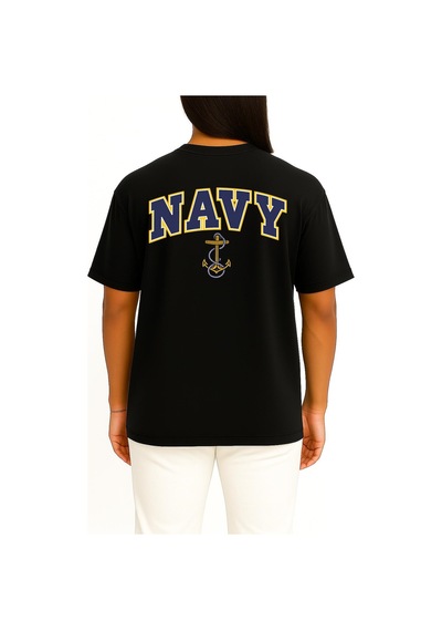 Bahriyeli Collection Oversize Blue Navy Anchor Göğüs Ve Sırt Baskılı Unisex T-shirt Siyah
