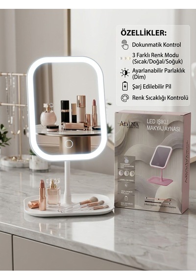 Led Işıklı Dimmerli Usb Şarjlı Dokunmatik Makyaj Aynası Beyaz - 3 Renk Işık Modu 360 Döner Masaüstü Ayna Kare