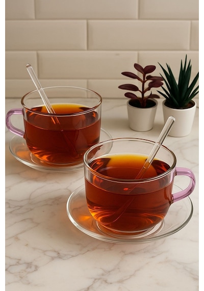 Morponi 6'lı Borosilikat Cam Tabaklı Ve Kaşıklı Sof Elegance Çay Ve Kahve Kupası 330 Ml Şeffaf