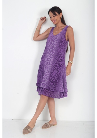 By Saygı Kadın İtalyan Cotton Leopar Desenli Astarlı Sıfır Kol Midi Elbise Mor