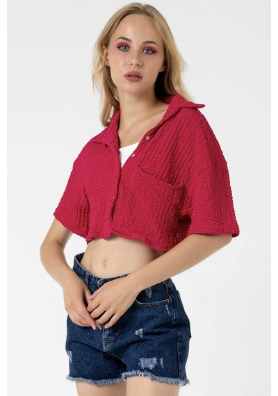 Bbbutikbasic Bürümcük Cepli Crop Gömlek Fuşya