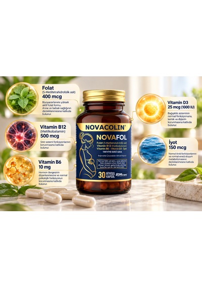 Novacolin Novafol Metilfolat B12 B6 D3 İyot 30 Bitkisel Kapsül