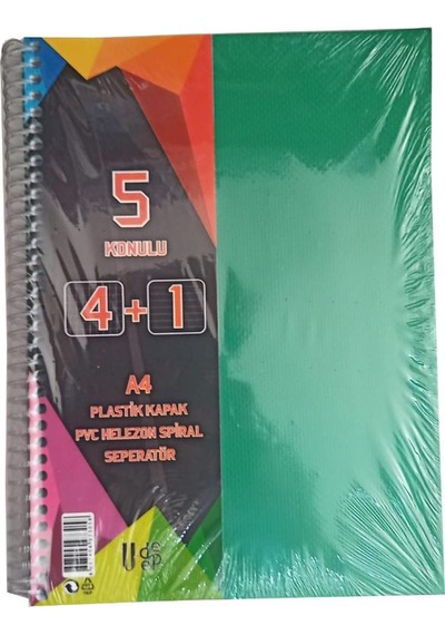 4+1 Ayraçlı Defter 5 Konulu 125 Yaprak 1 Adet 4 Kareli 1 Çizgili Spralli Plastik Kapak Seperatörlü Yeşil