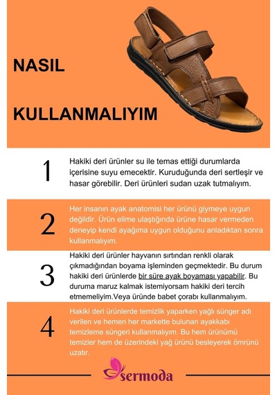 Sermoda Hakiki Gerçek Deri Cırtlı Erkek Sandalet Şırıngıl Taba