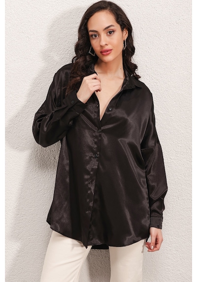 Bigdart 3985 Oversize Saten Gömlek - Siyah 001