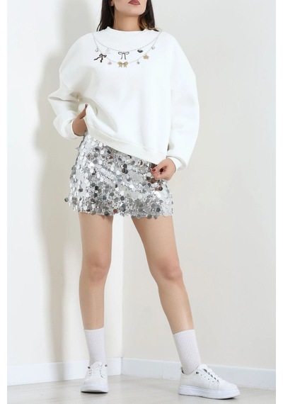 Modi Quzu Kolye Baskılı Sweatshirt Beyaz - 75367.2002. 2beyaz