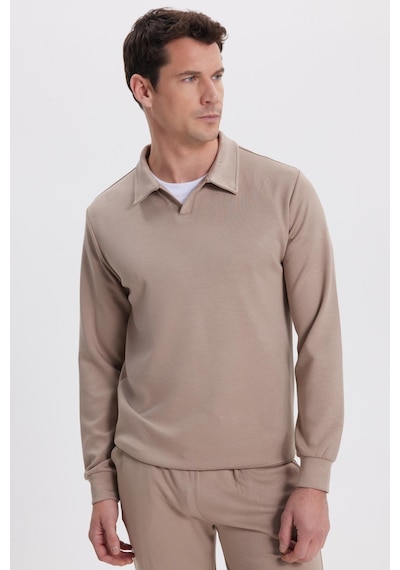 Tudors Erkek Relax Fit Rahat Kesim Polo V Yaka Vizon Sweatshirt-41924 Vizon