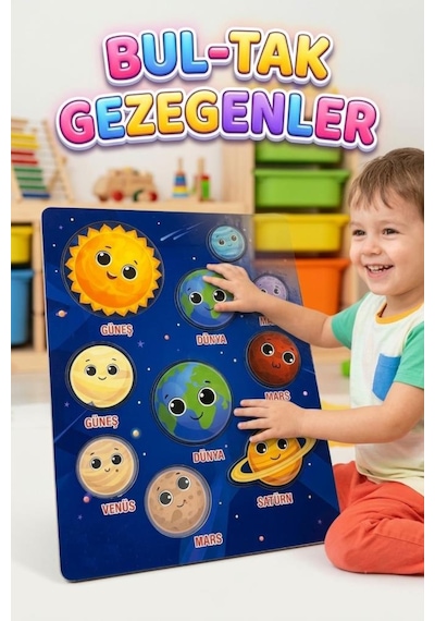 11 Parça Ahşap Bul-tak Gezegenler Eğitici Ve Eğlenceli Uzay Temalı Oyuncak Puzzle